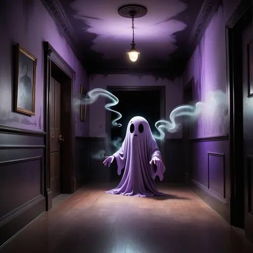 Prompt: Visualize an ethereal, inky ghost drifting through a shadowy maze, reminiscent of the classic Pacman game. The scene is illuminated by a pale, eerie, violet glow emanating from the walls, creating a moody, surreal atmosphere. Wisps of smoke trail behind the ghost, hinting at its spectral nature as it twists and glides through the dimly lit corridors. Its ghostly eyes beam with mischief, capturing the essence of playful yet haunting. A faint shimmer lingers in the air, as if the very essence of its inky form is alive with whispers of nostalgia. This artwork could capture the essence of dark fantasy concept art, blending retro elements with a contemporary twist.