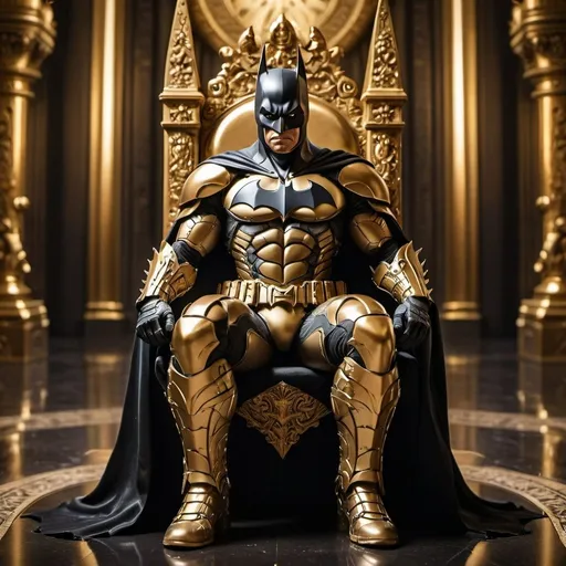Prompt: Batman in gold armor seated in a grand throne room, intricate gold-plated details, majestic throne, high quality, regal, heroic, gold armor, dark knight, epic, detailed cape, intimidating presence, atmospheric lighting, grandeur, bat symbol, heroic pose, golden, imposing, royal setting, shadowy, intense gaze, dramatic, gold tones, powerful, detailed crown