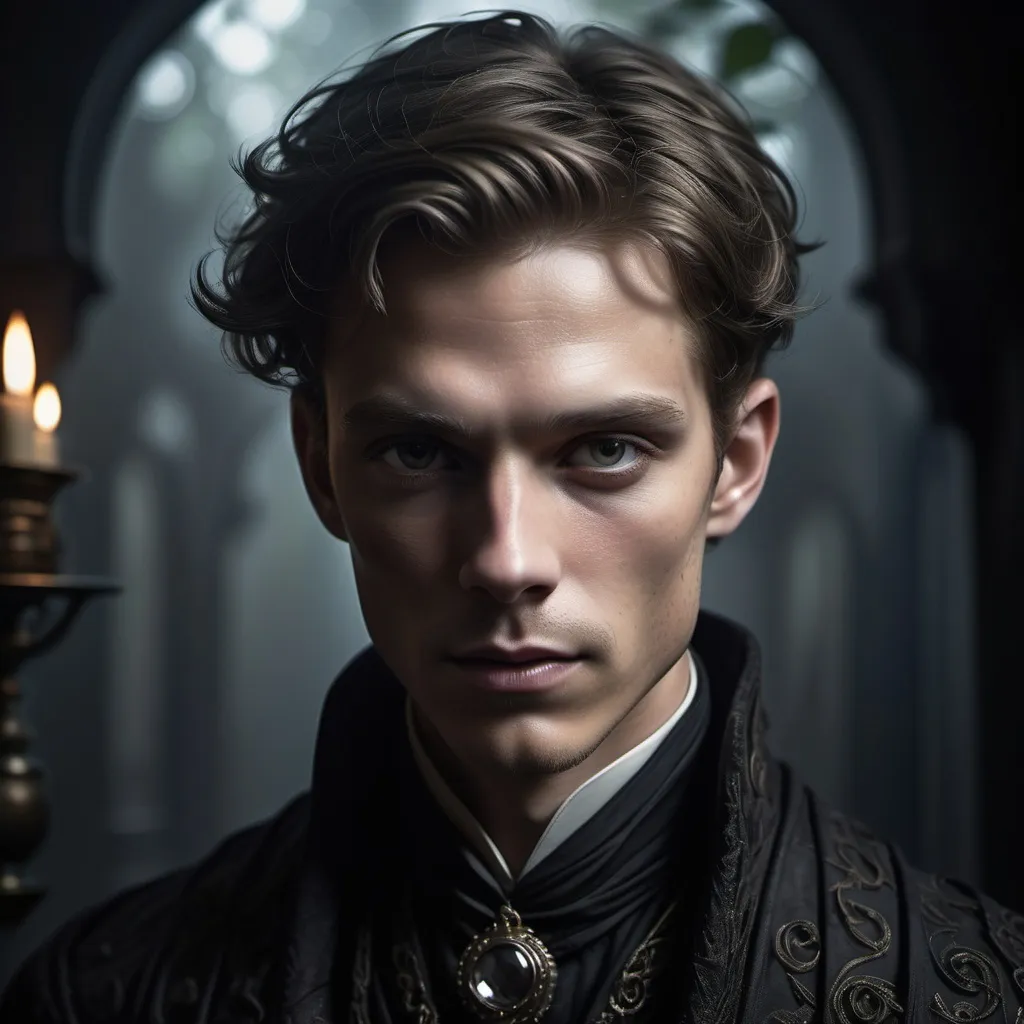 Prompt: Matthew Borel, a captivating character concept exuding mystery and charm, intricately designed with delicate yet striking facial features, unique attire shadowed in dark tones, a finely detailed background reflecting an enchanted atmosphere. Enigmatic expression highlighting a profound story, ethereal light casting dramatic shadows, showcasing the craft with ultra-detailed, cinematic quality, inviting viewers to embark on a journey into this imaginative realm.