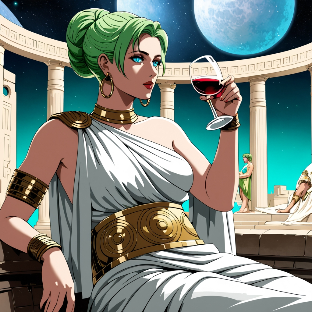 Giant noble woman with green hair tied up blue eyes...