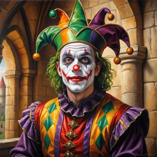 Prompt: Medieval court jester Joker in a castle, oil painting, detailed clothing with vibrant colors, high quality, realistic medieval art, dramatic lighting with warm tones, intricate castle architecture, detailed facial expressions, professional artwork, oil painting, realistic, medieval, vibrant colors, dramatic lighting, detailed clothing, detailed facial expressions, castle, high quality