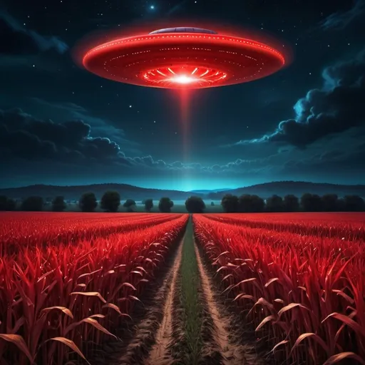 Prompt: (glowing red UFO), hauntingly beautiful cornfield, deep midnight sky, stars twinkling faintly, eerie ambiance, bright red luminescence casting shadows, serene landscape juxtaposed with the otherworldly sight, mysterious vibrations in the air, high detail, vibrant colors, cinematic atmosphere, (ultra-detailed) realism, captivating night scene.