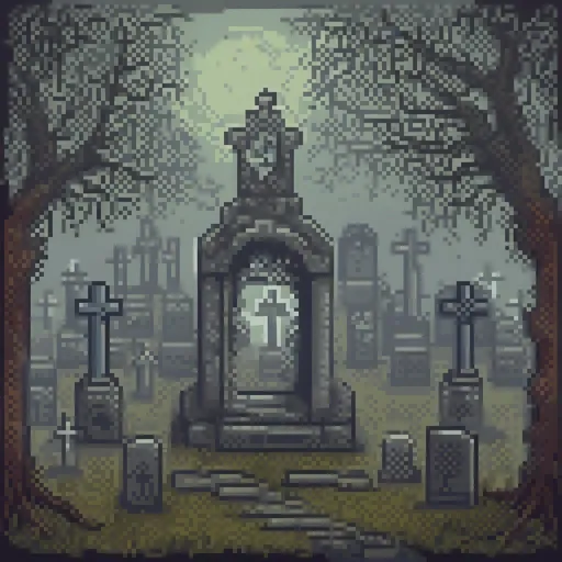 Prompt: Haunted graveyard covered in mist, oil painting, eerie atmosphere, dark and mysterious, spectral figures lurking, detailed tombstones with weathered engravings, high quality, haunting, atmospheric, oil painting, eerie, mysterious, detailed tombstones, spectral figures, misty, foggy, paranormal, atmospheric lighting