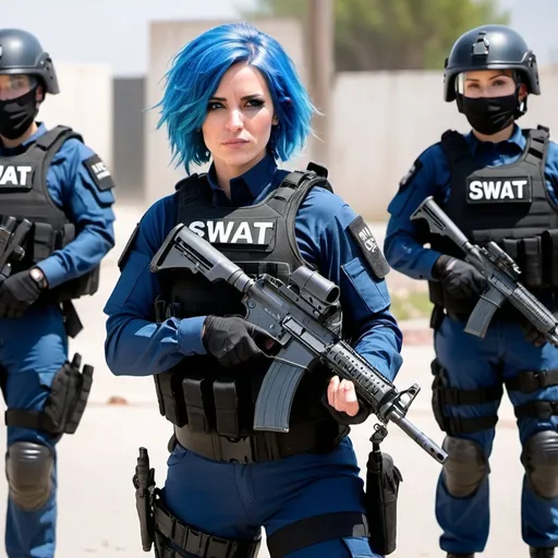 Prompt: SWAT police woman armed with submachine gun wearing blue body armour with blue hair in riot zone 