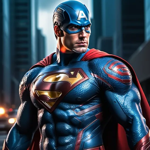 Prompt: (Superman Captain America mashup), epic superhero fusion, dynamic action pose, dramatic lighting, high contrast colors, vibrant blues and reds, intense facial expression, muscular physique, piece by piece [Skyline city background with bustling activity] [Symbol of both 'S' and star merged visibly on the costume], modern comic style, ultra-detailed, hyper-realistic 4K, cinematic masterpiece, high depth shadows and highlights, powerful atmosphere, inspiring and heroic mood