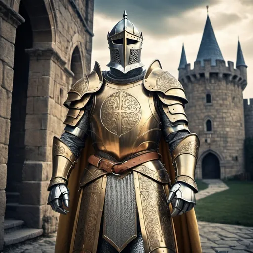 Prompt: Medieval knight version of Dr. Fate, intricate steel armor with magical engravings, ancient medieval castle in the background, imposing and majestic presence, high-quality, medieval fantasy, detailed armor, magical engravings, epic medieval setting, powerful and regal stance, professional, dramatic lighting, medieval, fantasy, detailed, imposing presence, majestic, ancient castle, intricate design