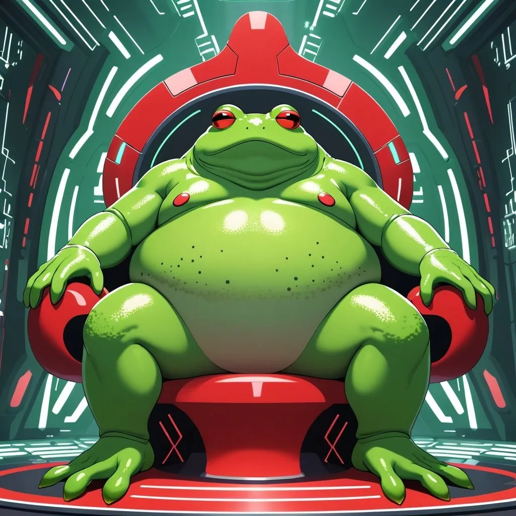 Prompt: Giant overweight green frog creature with red eyes sitting on futuristic throne