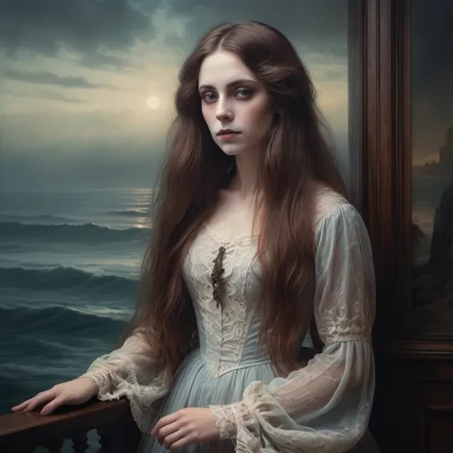 Prompt: Victorian-era ghost with long brown hair, sea view, ethereal presence, vintage aesthetic, detailed lace dress, haunting gaze, misty atmosphere, high quality, oil painting, gothic, vintage color tones, atmospheric lighting