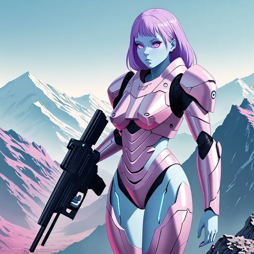 Prompt: Giant woman with mauve hair pale blue skin pink eyes wearing light aqua body armour carrying futuristic gun looking out across mountain range 