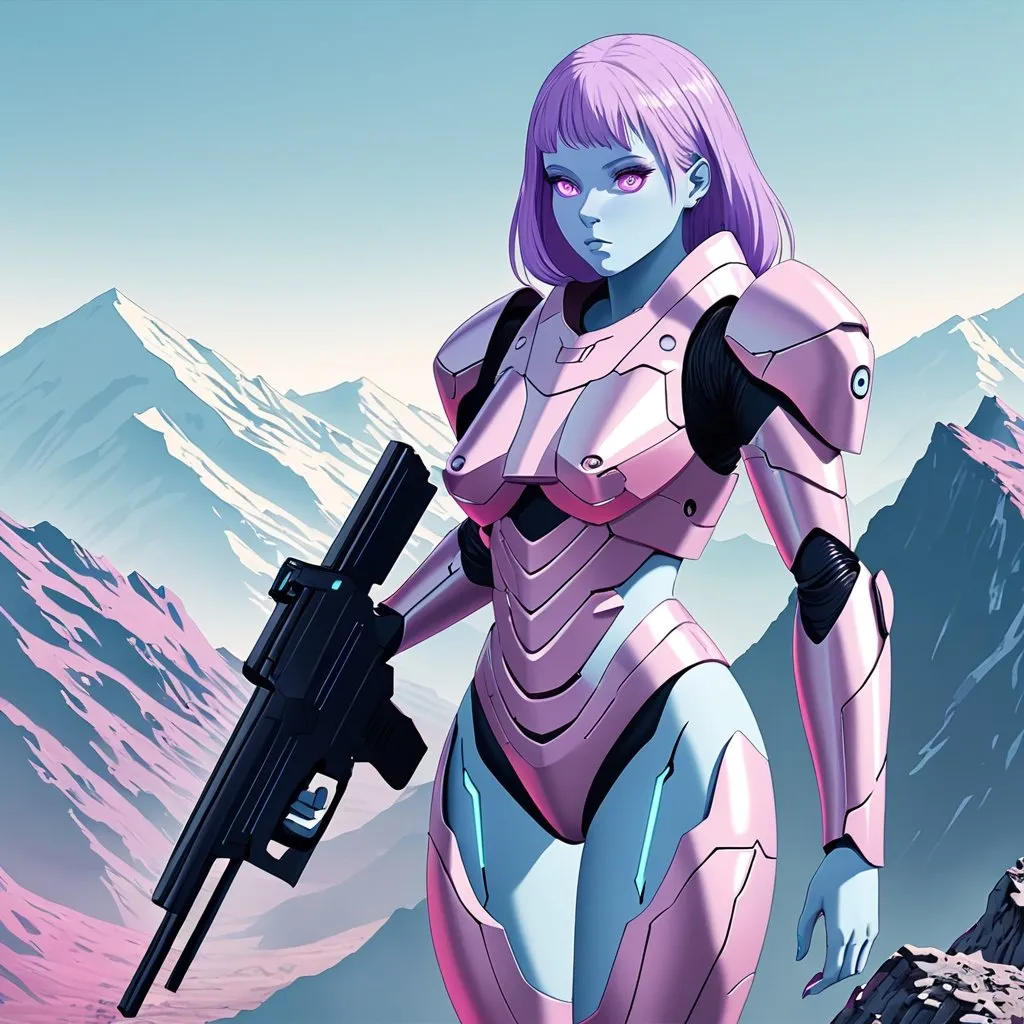 Prompt: Giant woman with mauve hair pale blue skin pink eyes wearing light aqua body armour carrying futuristic gun looking out across mountain range 