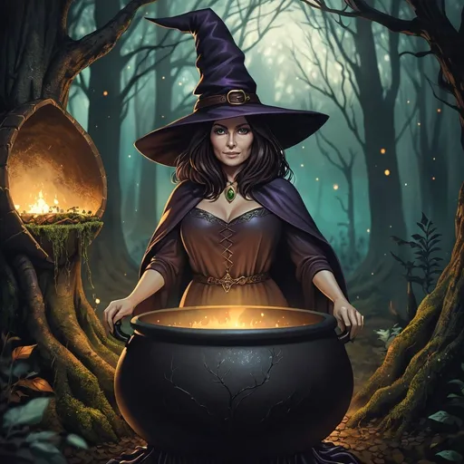 Prompt: Middle-aged brunette woman, witch costume, forest setting, cauldron, magical atmosphere, detailed facial features, high quality, mystical, dark fantasy, earthy tones, atmospheric lighting, detailed clothing, professional, enchanting