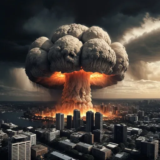 Prompt: Nuclear mushroom cloud over Sydney skyline, apocalyptic atmosphere, high quality, realistic, dramatic lighting, detailed destruction, cityscape, towering inferno, smoke and fire, post-apocalyptic, urban landscape, devastation, surreal, intense, haunting, dystopian, cinematic, city lights casting eerie glow, ultra-detailed, atmospheric lighting, disaster movie