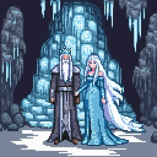 Prompt: (Evil Ice King and Ice Queen inside an Ice Cave), long flowing white hair, long white beard, sinister expressions, icy blue and silver tones, frost-covered walls, glistening icicles, dramatic lighting casting eerie shadows, (cold and foreboding ambiance), fantastical atmosphere, high-quality fantasy scene, ultra-detailed, capturing a sense of power and enchantment.