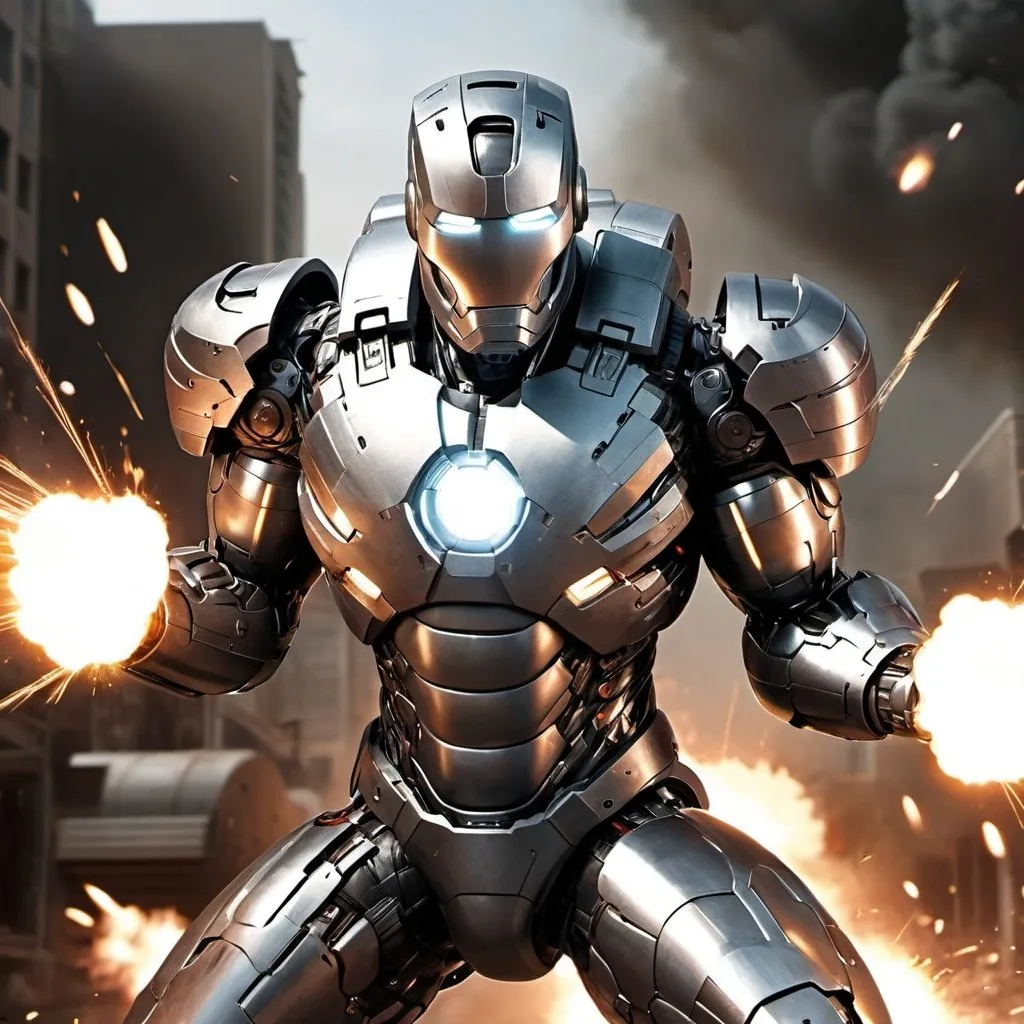 Prompt: War Machine from Marvel Comics in action, metallic armor, high-tech weaponry, explosive war zone, high quality, realistic, cinematic, war machine, military, action-packed, intense lighting, explosive atmosphere, Marvel comics, detailed armor, futuristic, professional, dynamic pose, weapon firing sparks, cinematic battle scene, powerful machinery, action hero