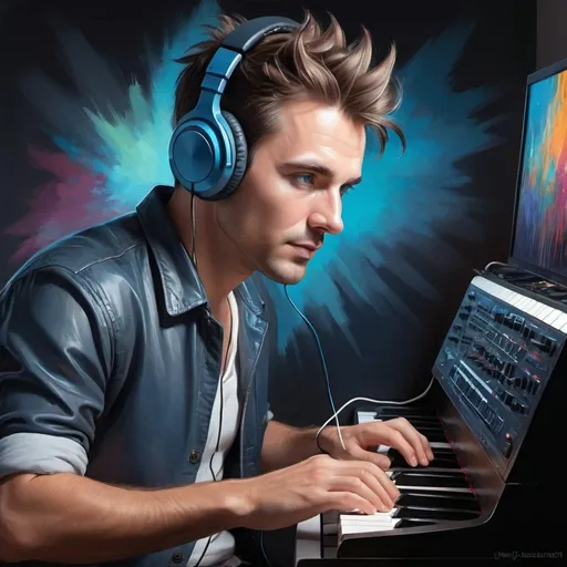 Prompt: 40s handsome man with spiky brown hair, blue eyes, headphones, playing a synthesizer, digital painting, detailed facial features, high quality, realistic, dynamic lighting, modern, musical atmosphere
