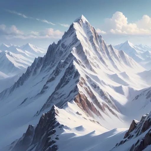 Prompt: Snow-covered mountains, realistic digital painting, majestic peak with snow-capped ridges, serene and tranquil atmosphere, high quality, realistic, detailed snow texture, breathtaking landscape, cool tones, soft natural lighting