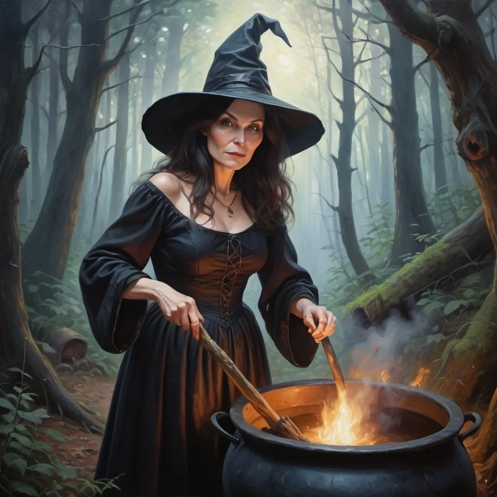 Prompt: Middle-aged brunette witch with pale skin stirring cauldron in forest, traditional oil painting, detailed forest background, high quality, realistic, dark and mysterious, cool shadows, atmospheric lighting, detailed facial features, intricate costume, mystical aura