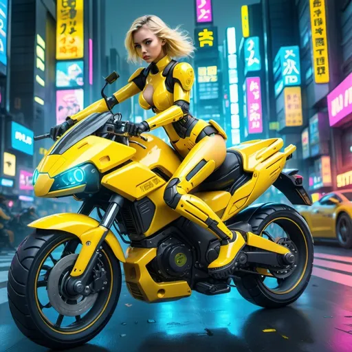 Prompt: Beautiful young blonde woman in yellow body armor riding a yellow motorbike, firing a submachine gun in futuristic Tokyo, high-tech armor, cyberpunk, neon lights, detailed cityscape, intense action, professional 3D rendering, vibrant colors, highres, futuristic, cyberpunk, detailed eyes, sleek design, professional, dynamic lighting