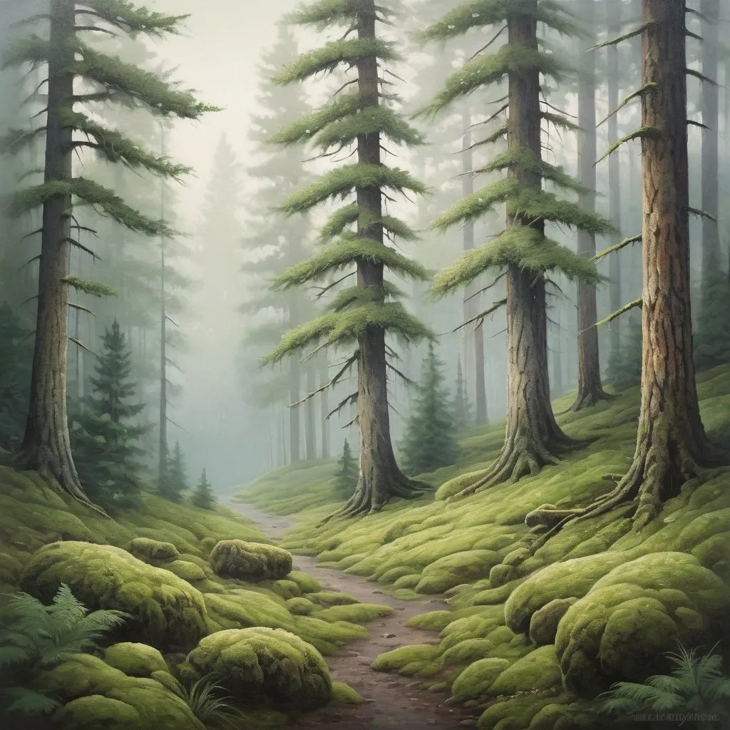 Prompt: Moss-covered pine trees, lush greenery, misty forest, high quality, realistic painting, serene natural landscape, cool tones, soft diffused lighting, detailed textures, tranquil atmosphere, peaceful woodland scene