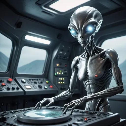 Prompt: Grey alien operating UFO, metallic, glowing control panels, extraterrestrial landscape, high quality, sci-fi, eerie lighting, cool tones