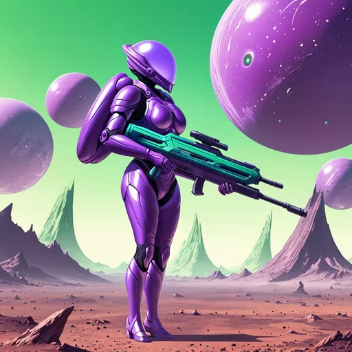 Prompt: Giant woman wearing purple body armour with helmet carrying futuristic rifle on alien planet with green sky 
