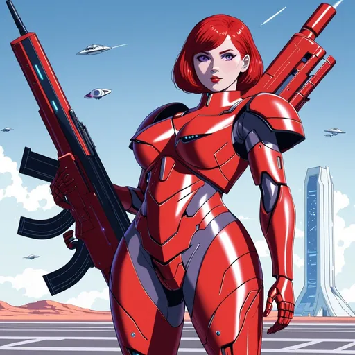 Prompt: Giant woman with short red hair with purple eyes wearing red body armour carrying futuristic rifle at spaceport setting 