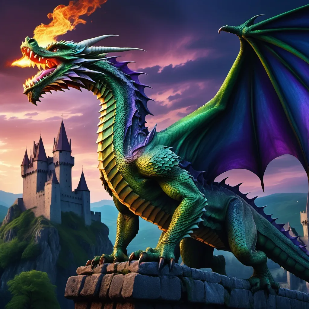 Prompt: (flying green dragon), shooting flame from mouth, dramatic action pose, majestic wings spread wide, illuminated by firelight, ancient stone castle in the background, twilight sky with deep blues and purples, dynamic movement, high detail, enchanting atmosphere, (fantasy theme), ultra-detailed, epic fantasy scene, captivating drama.