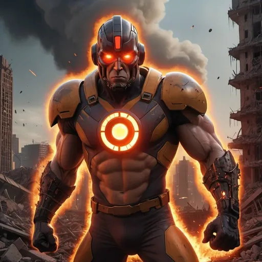 Prompt: Hyperion from Squadron Supreme with glowing red eyes, decimated city, high quality, 4k, ultra-detailed, comic style, post-apocalyptic setting, intense red and orange tones, destruction, ruined buildings, radioactive aura, powerful stance, superhero, rubble, fiery lighting
