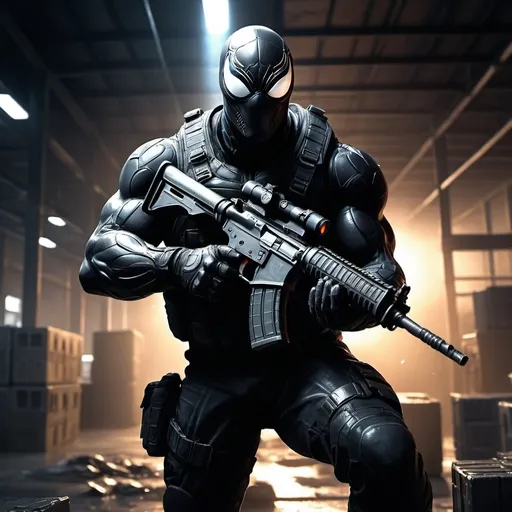 Prompt: Agent Venom firing submachine guns in a dimly lit warehouse, cinematic digital illustration, intense action scene, high contrast shadows, dynamic and dramatic lighting, gritty and dark atmosphere, detailed combat outfit, intense and focused gaze, realistic details, high quality, cinematic, digital illustration, intense action, dramatic lighting, combat outfit