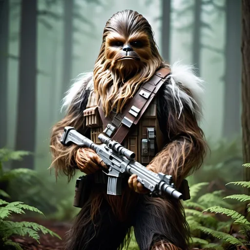 Prompt: (Aggressive wookie bounty hunter), (white fur), carrying heavy laser rifle, dense misty forest backdrop, vibrant greens and earthy browns, dramatic shadows, tense atmosphere, detailed muscular features, rugged armor, intense expression, high-intensity lighting highlighting the character, ultra-detailed, cinematic ambiance, movement suggested through posture, contrasting highlights enhancing fur texture, action-ready stance.