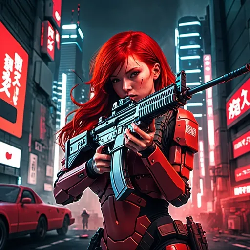 Prompt: Redhead firing submachine gun, red body armor, Tokyo, urban setting, futuristic cityscape, intense action, professional, detailed digital art, high quality, cyberpunk, vibrant red tones, dynamic lighting