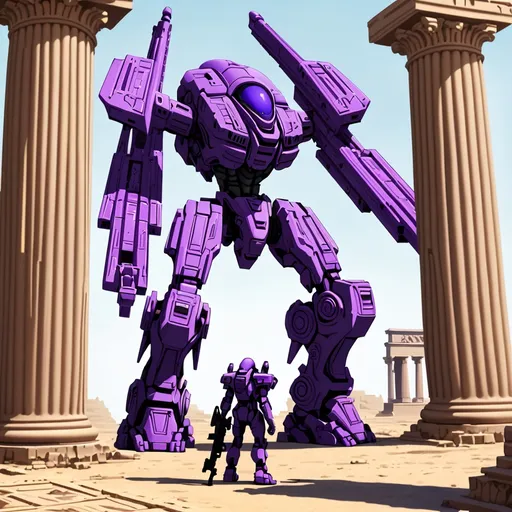 Prompt: Purple giant alien mech holding further rifle at ancient alien Roman style pillars