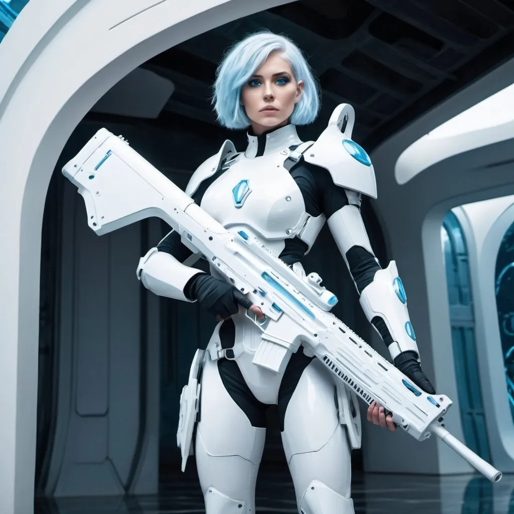 Prompt: Giant woman with light blue hair and light blue eyes wearing white body armour carrying futuristic rifle in utopian setting 