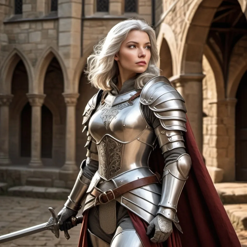 Prompt: Silver Sable in knight's armor, medieval setting, detailed armor with intricate engravings, strong and confident posture, majestic cape flowing behind, medieval, high quality, realistic, detailed, historical, detailed armor, powerful stance, regal atmosphere, warm tones, natural lighting