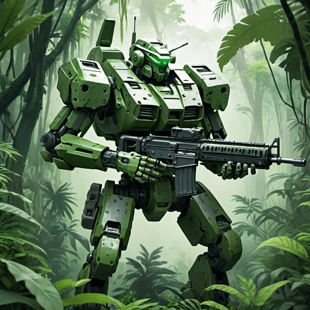 Prompt: Green camouflage mecha holding heavy machine gun in jungle 