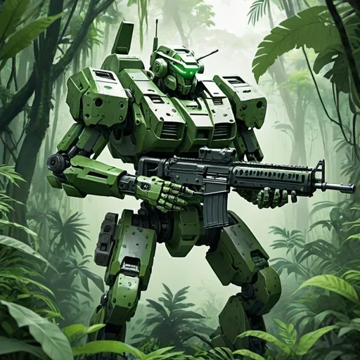 Prompt: Green camouflage mecha holding heavy machine gun in jungle 