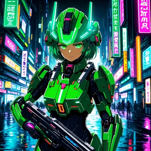 Prompt: Green-haired girl in Gundam suit and helmet holding futuristic rifle, futuristic Tokyo, ultra-detailed, anime, sci-fi, vibrant colors, futuristic style, glowing neon lights, detailed hair and armor, intense and focused gaze, high-tech weaponry, highres, professional, atmospheric lighting