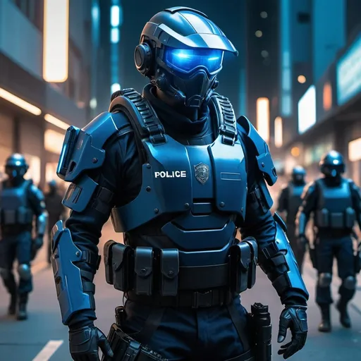 Prompt: Futuristic police in blue uniforms, heavily armed, hi-tech weaponry, urban cyberpunk setting, intense and focused expressions, detailed armor and gear, cool-toned lighting, high-tech futuristic weapons, advanced visor technology, city lights casting a cool glow, best quality, highres, ultra-detailed, cyberpunk, futuristic, intense expressions, detailed armor, hi-tech weaponry, urban setting