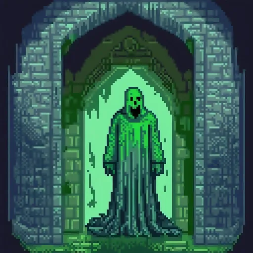 Prompt: Spooky ghost inside haunted castle, oil painting, misty atmosphere, chilling presence, dark and eerie, high contrast, gothic style, chilling blue and green tones, ghostly figure with tattered clothing, haunting facial features, eerie lighting, detailed architecture, best quality, high-res, chilling, gothic, misty, ghostly, detailed, atmospheric lighting