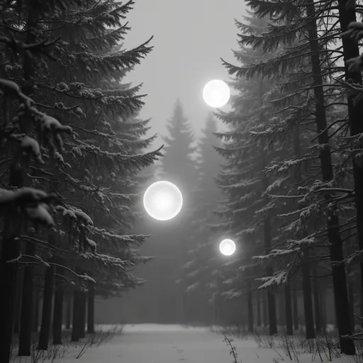 Prompt: Black and white picture of 3 glowing orbs of pure light flying over pine forest canopy during blizzard 