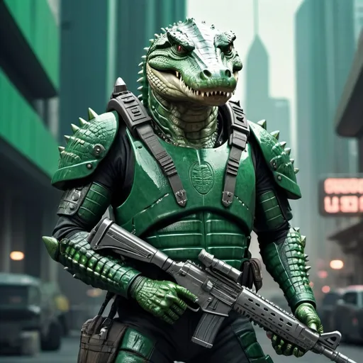 Prompt: Crocodile alien bounty hunter in green body armor, futuristic city setting, heavy weapons, detailed scales and armor, high quality, sci-fi, futuristic, urban, alien, menacing gaze, intense lighting, cool tones, professional rendering