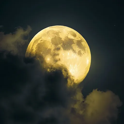 Prompt: Eerie looking yellow full moon slightly covered by passing cloud in night sky