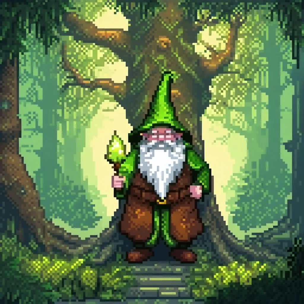 Prompt: Gnome wizard, enchanted forest, ancient trees, mystical atmosphere, glowing magical symbols, ethereal light, green and brown hues, foggy background, detailed foliage, fantasy setting, (spellcasting) gnome, colorful robes, long white beard, (wise expression), high contrast, ultra-detailed, high quality, 4K, fantasy art, dramatic lighting, magical realism