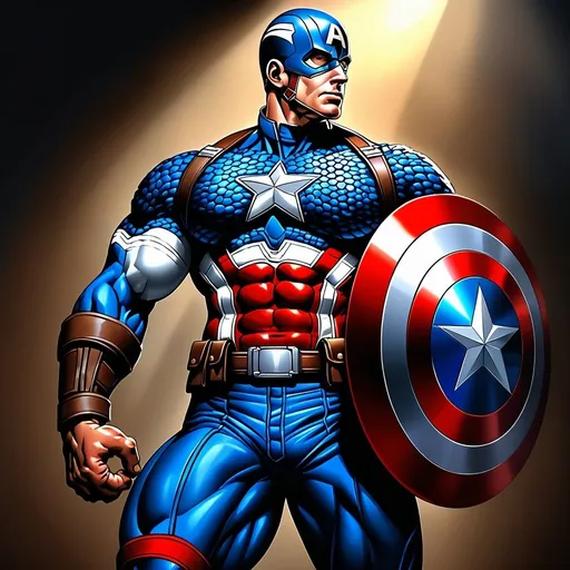 Prompt: Captain America in heroic pose, digital painting, shield reflecting light, patriotic colors, dramatic lighting, muscular physique, detailed costume, iconic symbol, high quality, realistic, vibrant colors, heroic, superhero, shield, American flag colors, dramatic lighting, muscular physique, detailed costume