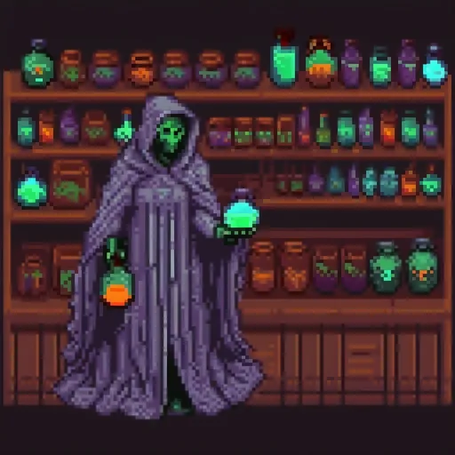 Prompt: Faceless spectre selling potions, ethereal cloak, eerie floating demeanor, mystic fog, high quality, mysterious, fantasy, surreal, ghostly, haunting, dark tones, atmospheric lighting