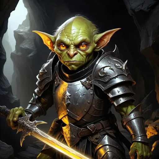 Prompt: Glowing yellow-eyed goblin in armor holding a sword, inside a dark cave, detailed metallic armor, intense and menacing gaze, rugged and ancient cave walls, high quality, detailed, digital painting, dark and atmospheric lighting, fantasy, goblin, armor, sword, cave, glowing eyes, menacing, detailed armor, ancient, highres, atmospheric lighting