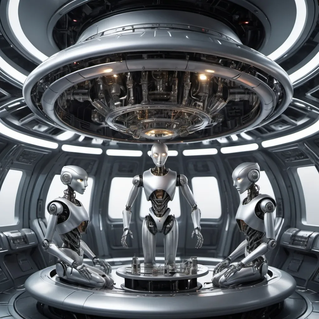 Prompt: 3 faceless humanoid silver robots inside a futuristic UFO, metallic sheen, detailed mechanical components, highres, sci-fi, futuristic, sleek design, professional, atmospheric lighting, metallic sheen, futuristic, otherworldly, detailed interior, advanced technology