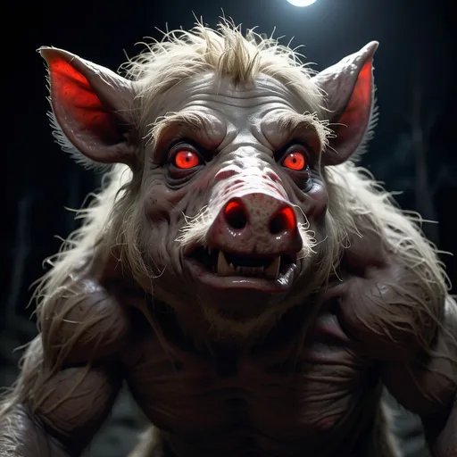 Prompt: small (ugly hairy boar-faced humanoid), glowing red eyes, set against a (dark night background), eerie atmosphere, (creepy shadows) dancing, highlights of (moonlight glimmering) on rough skin, detailed facial features, immersive scenery, highly detailed texture, dramatic contrasts in lighting, (4K ultra-detailed) for a strikingly vivid image.