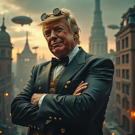 Prompt: Imagine a towering figure, a steampunk-inspired Trump, clad in an opulent suit adorned with brass gears and intricate clockwork embellishments. His hair, an exaggerated golden pompadour, glimmers under the glow of flickering gas lamps. The backdrop features a sprawling, industrial cityscape, with soaring smokestacks and airships gliding through a dusky sky, streaked with shades of copper and deep teal. Wisps of fog curl around his polished leather boots as he poses confidently, arms crossed, a mischievous grin spreading across his face, showcasing a set of brass goggles perched atop his head. The scene is rich with vintage machinery and steam rising, evoking a sense of adventure and whimsy, captured in a detailed, cinematic lighting style that breathes life into this eccentric world.
