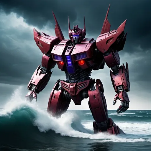 Prompt: Tidal Wave Decepticon emerging from the ocean in robot mode, metallic texture, towering waves, intense and powerful presence, high quality, realistic, sci-fi, dark and menacing, dynamic pose, detailed hydraulics, menacing red optic sensors, metallic sheen, towering waves, dramatic lighting, ominous atmosphere, highly detailed, powerful stance, menacing, realistic ocean, towering, imposing, sci-fi, detailed, dynamic lighting